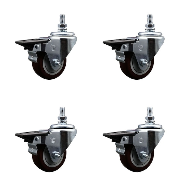 Service Caster 3 Inch Maroon Polyurethane 12 Inch Threaded Stem Caster Set with Brake SCC-TS20S314-PPUB-MRN-PLB-121315-4 - main